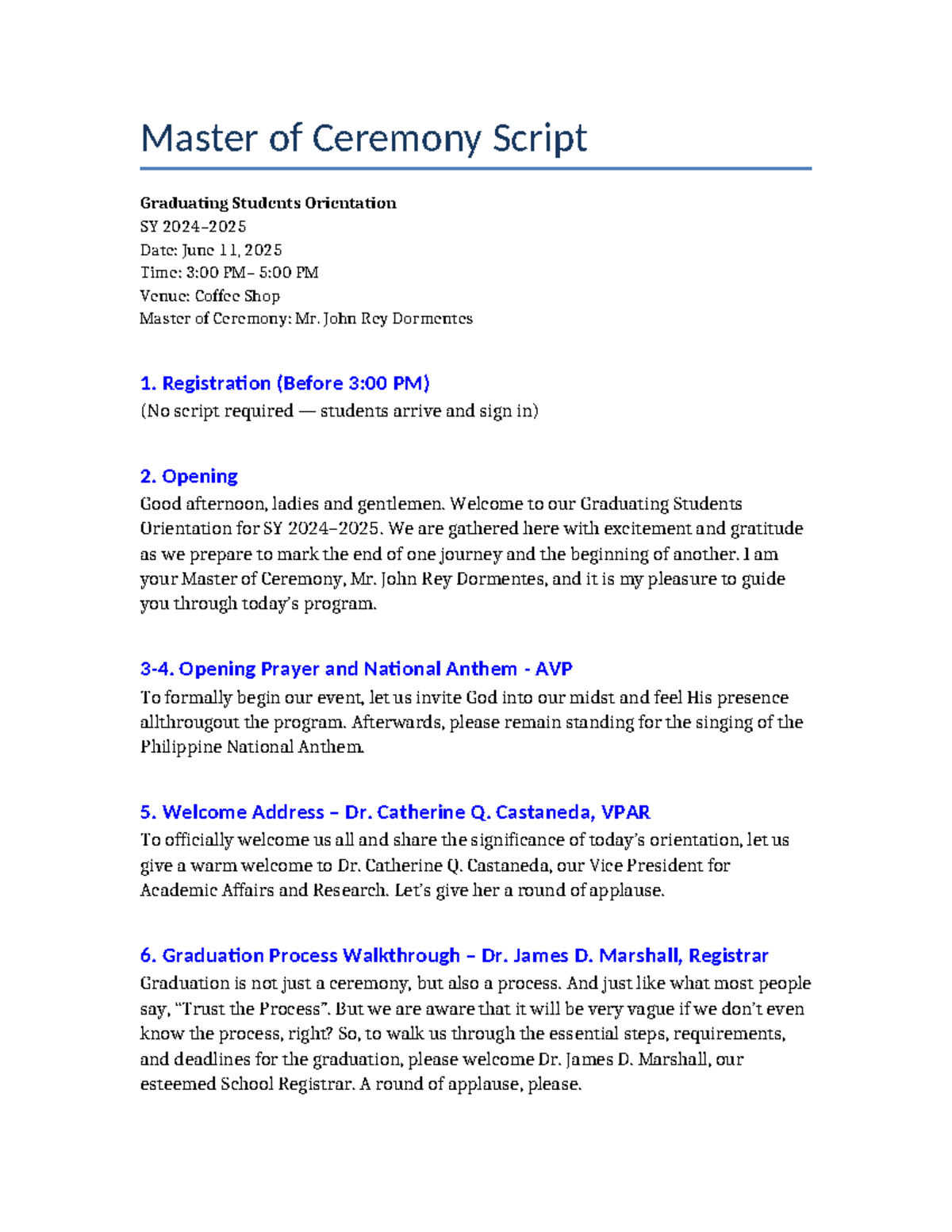 MC Script for Graduation Orientation SY 2024-2025 - Studocu