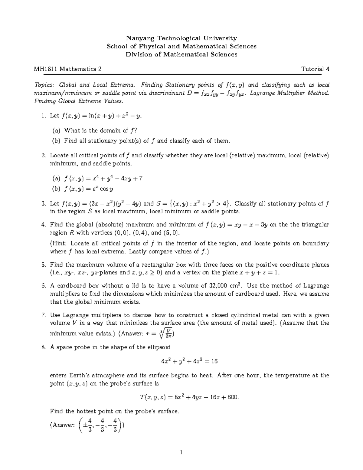 MH1811 Tutorial 4: Maxima, Minima & Lagrange Multipliers Notes - Studocu