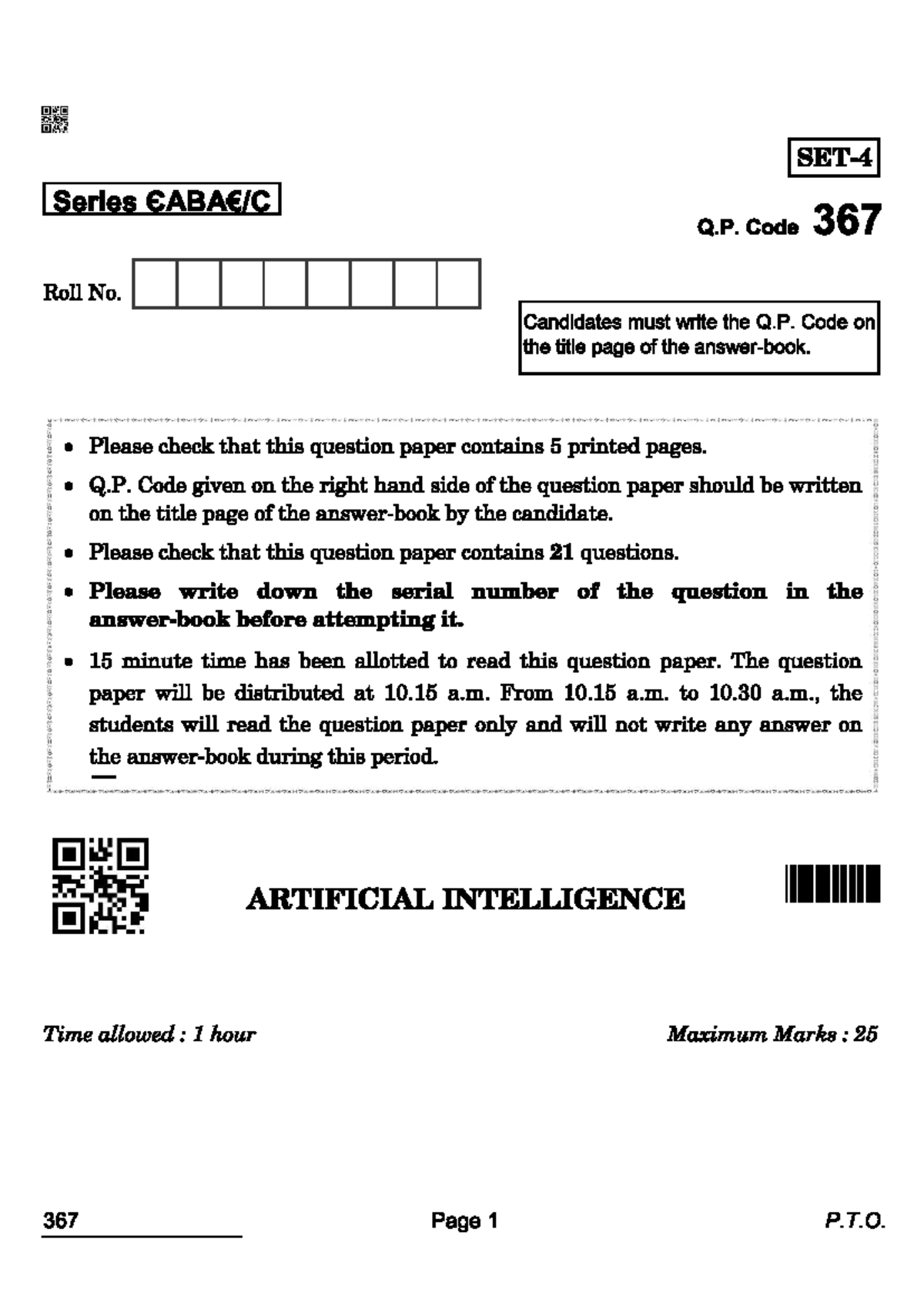 367 Artificial Intelligence Question Paper with Instructions - Studocu