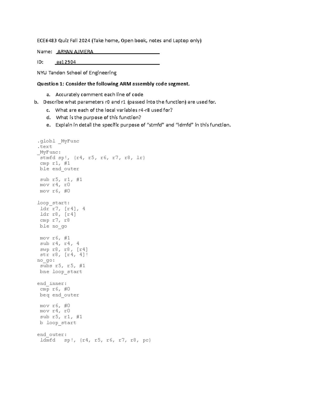 EL 6483 F24 - MIDTERM PAPER: ARM Assembly Code Analysis and Tasks - Studocu