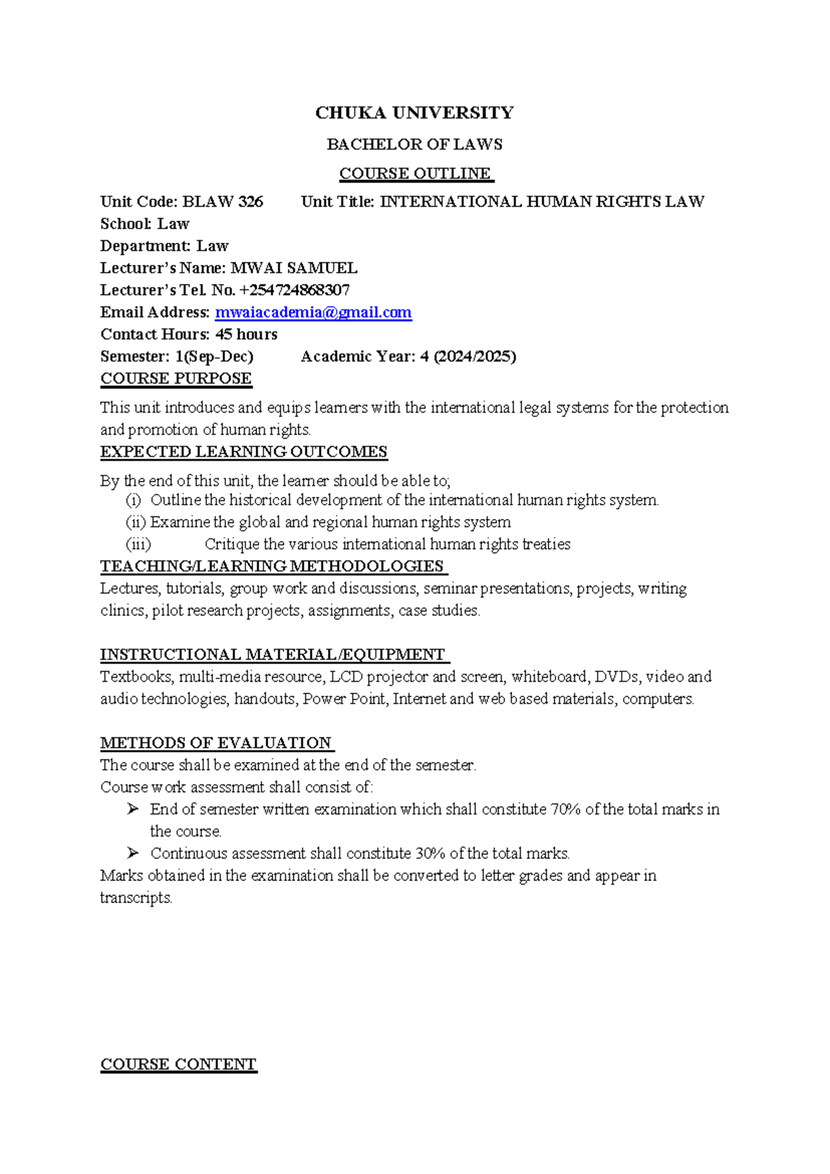 BLAW 326 International Human Rights Law Course Outline 2024-1 - Studocu