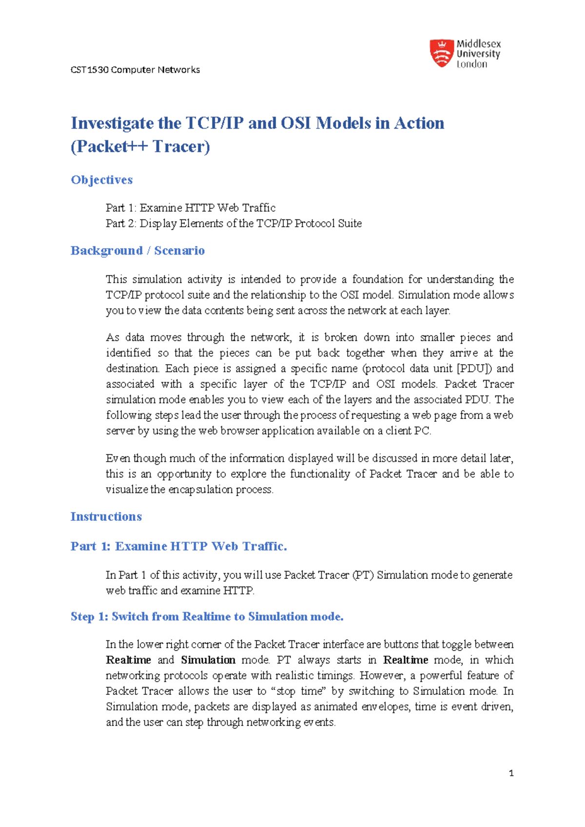 CST1530 Computer Networks: Investigating TCP/IP & OSI Models in Action ...