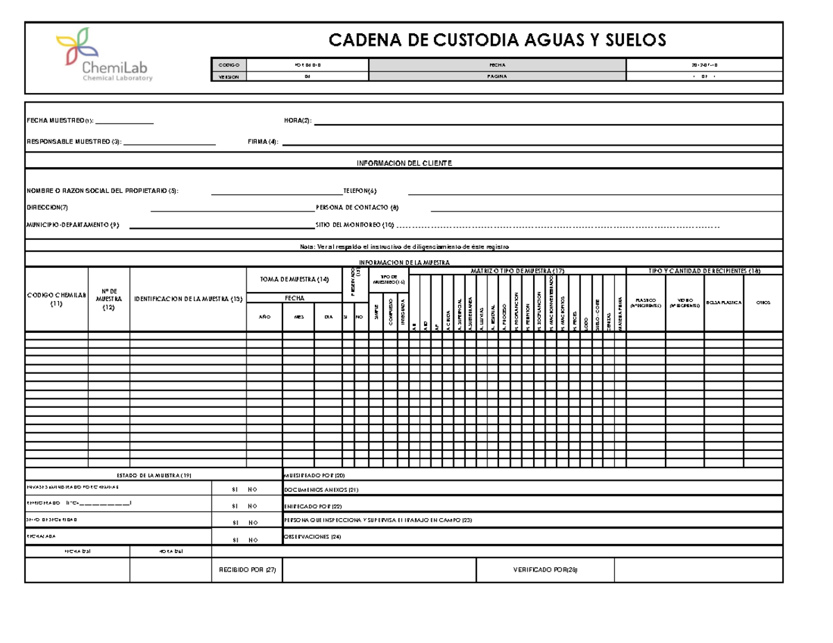 Guía de Diligenciamiento para Cadena de Custodia de Aguas y Suelos