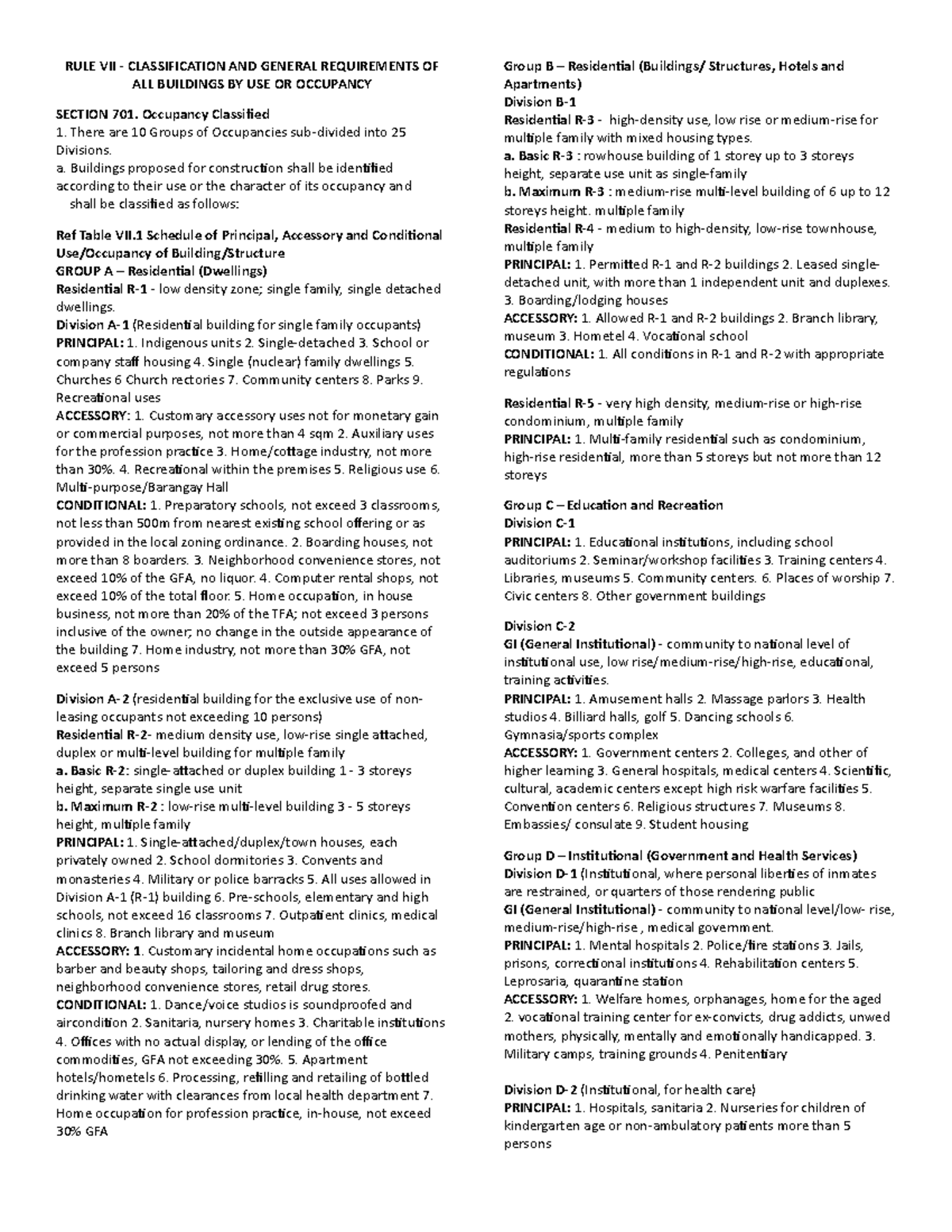 Assignment: Summary of RULE VII - Building Occupancy Classification ...