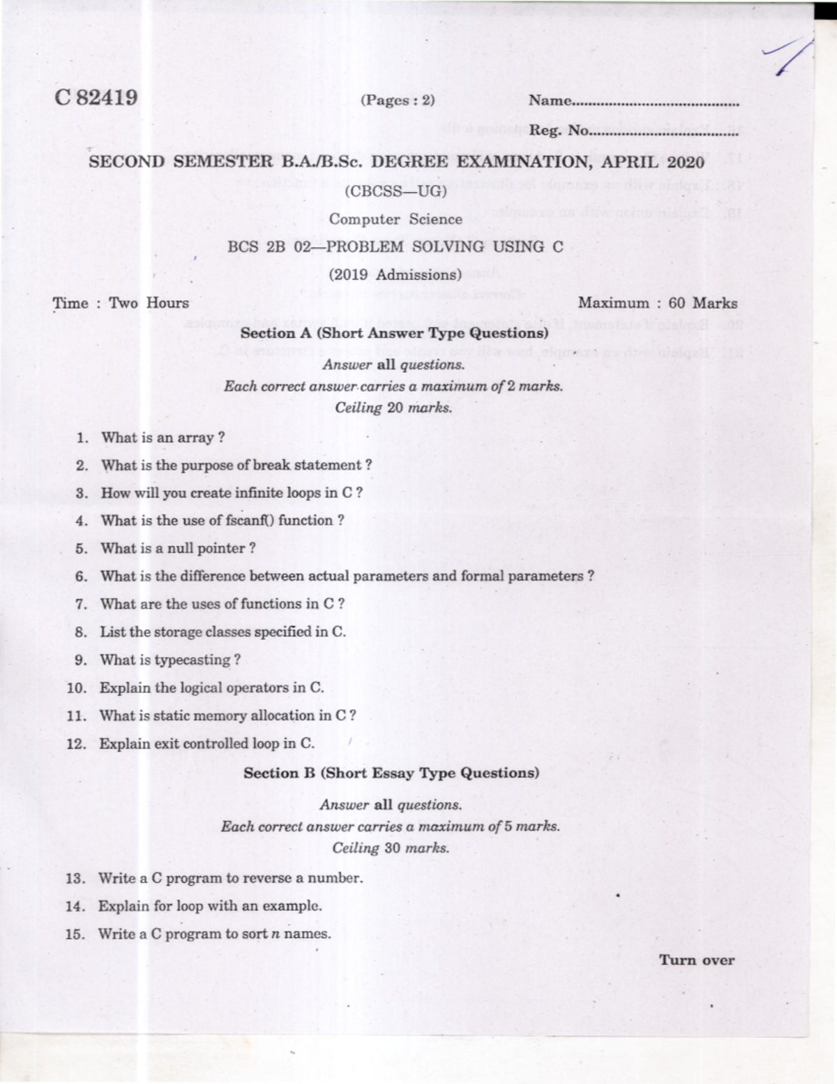 BCS 2B Final Exam Problem Solving C Question Paper April 2020 - Studocu