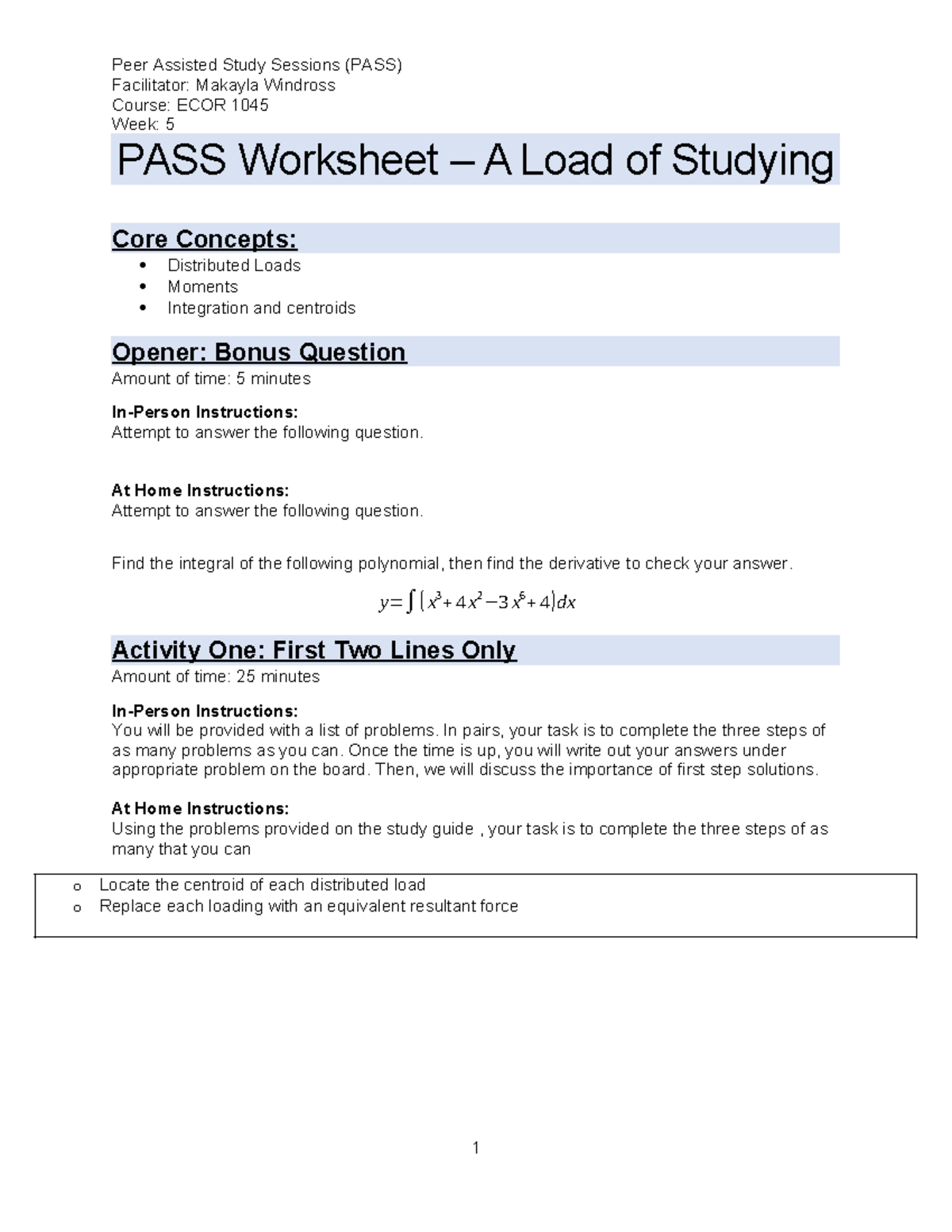 Practice Problems for ECOR 1045: Distributed Loads & Integration - Studocu
