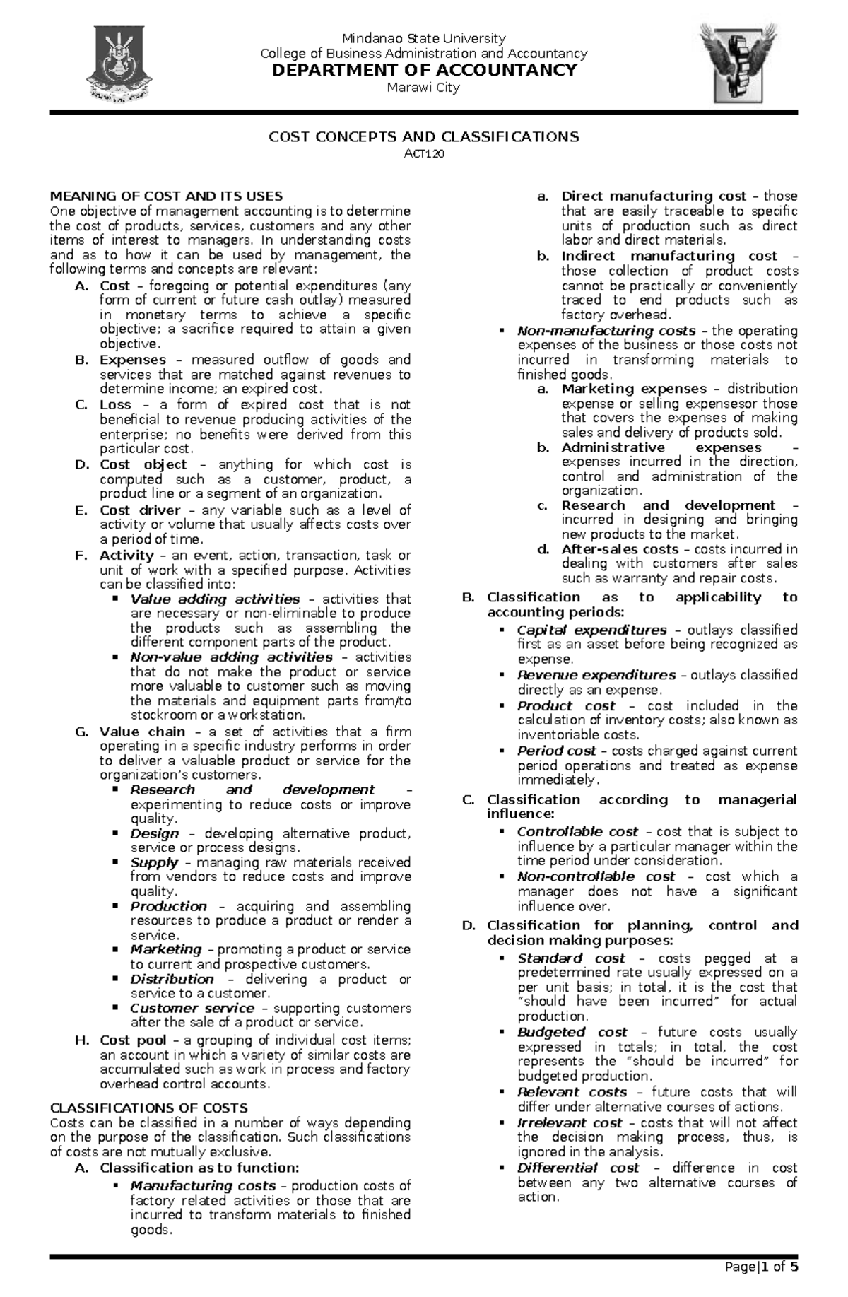 Cost Accounting Concepts and Classifications - CB 101 Lecture Notes ...