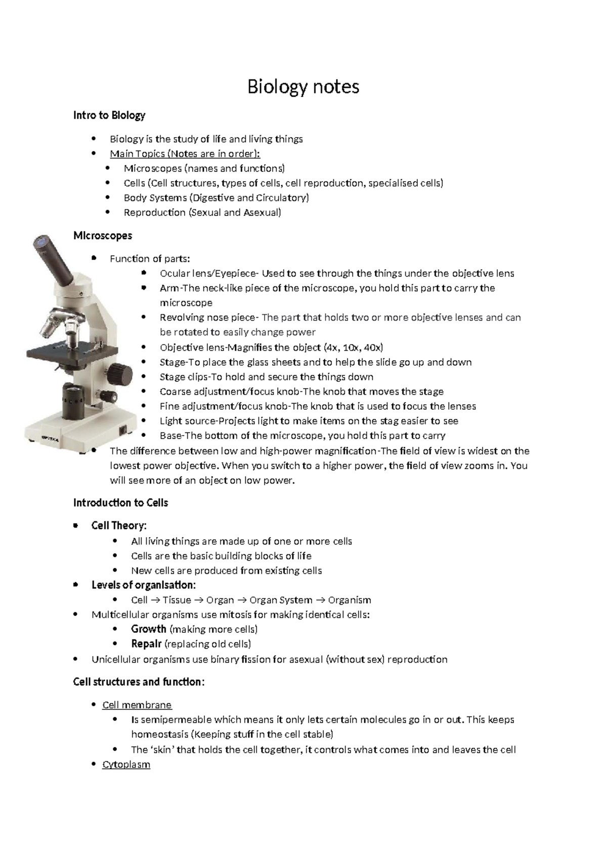 Biology Notes (Year 8): Intro to Life Sciences and Body Systems - Studocu