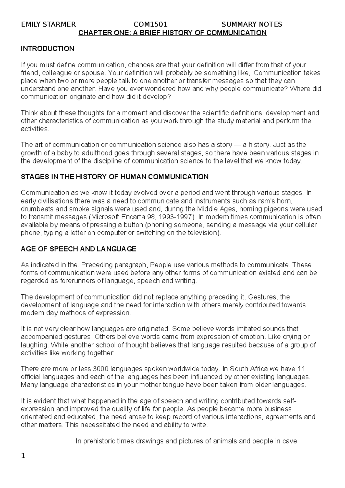 COM1501 Chapter 1: The Evolution of Human Communication - Studocu