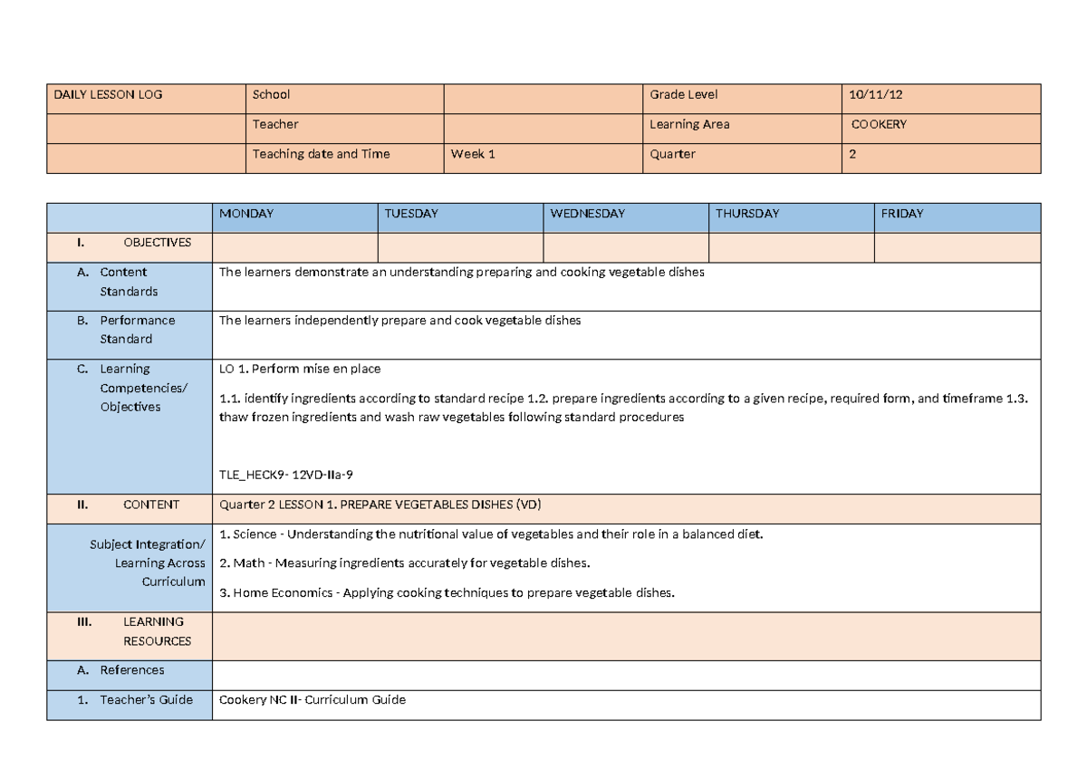 Cookery 10-12: Q2 Week 1 Daily Lesson Log on Vegetable Dishes - Studocu
