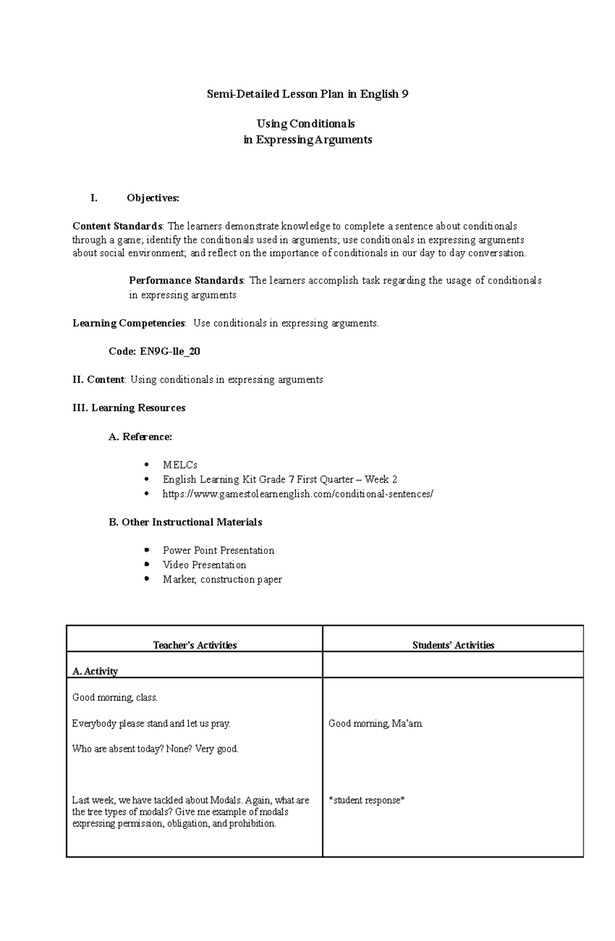 English 9 Q1 Week 2 - Engaging Conditionals in Arguments - Studocu