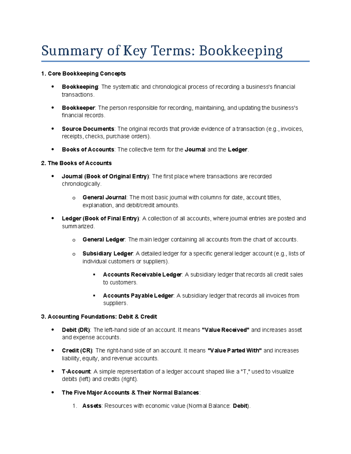 Bookkeeping 1: Summary of Core Concepts and Key Terms - Studocu