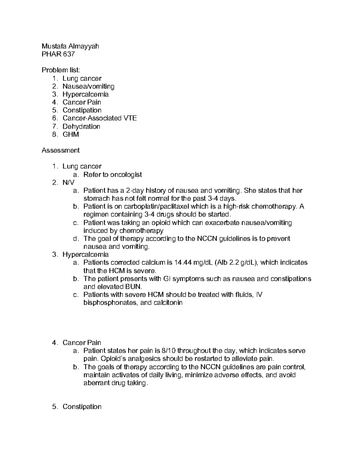 PHAR 637 - Oncological SOAP Note for Lung Cancer Management - Studocu