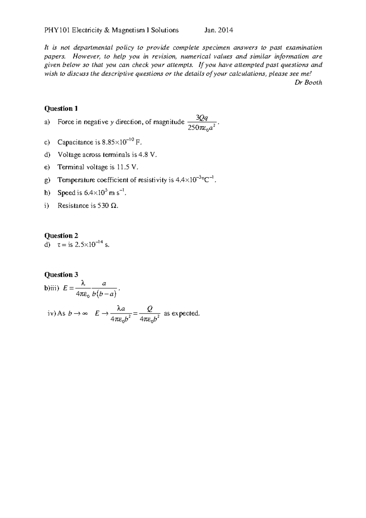 PHY101 Final Exam Solutions Jan 2014 - Electricity & Magnetism I - Studocu