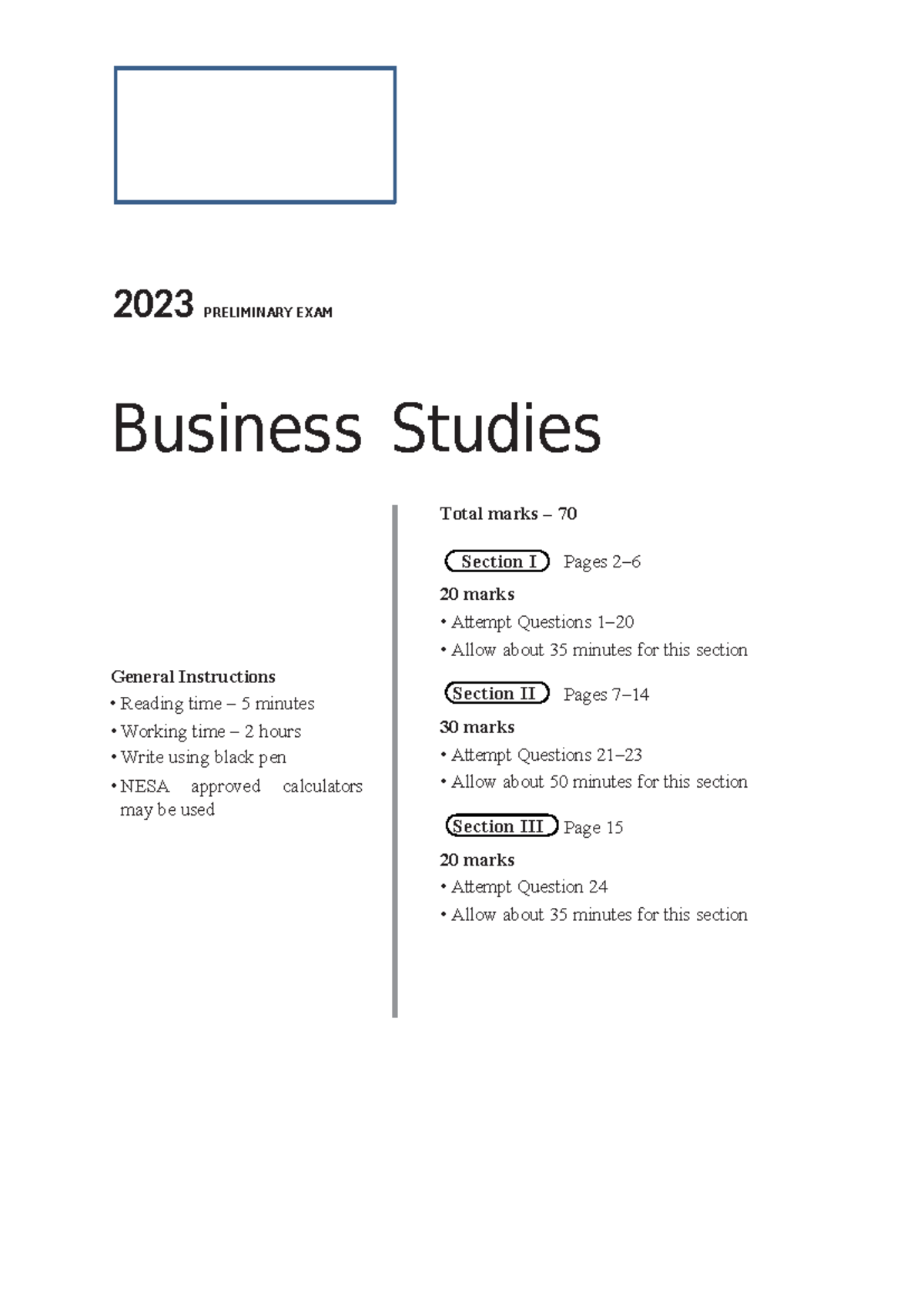 2023 Business Studies Preliminary Exam - Total Marks 70 - Studocu