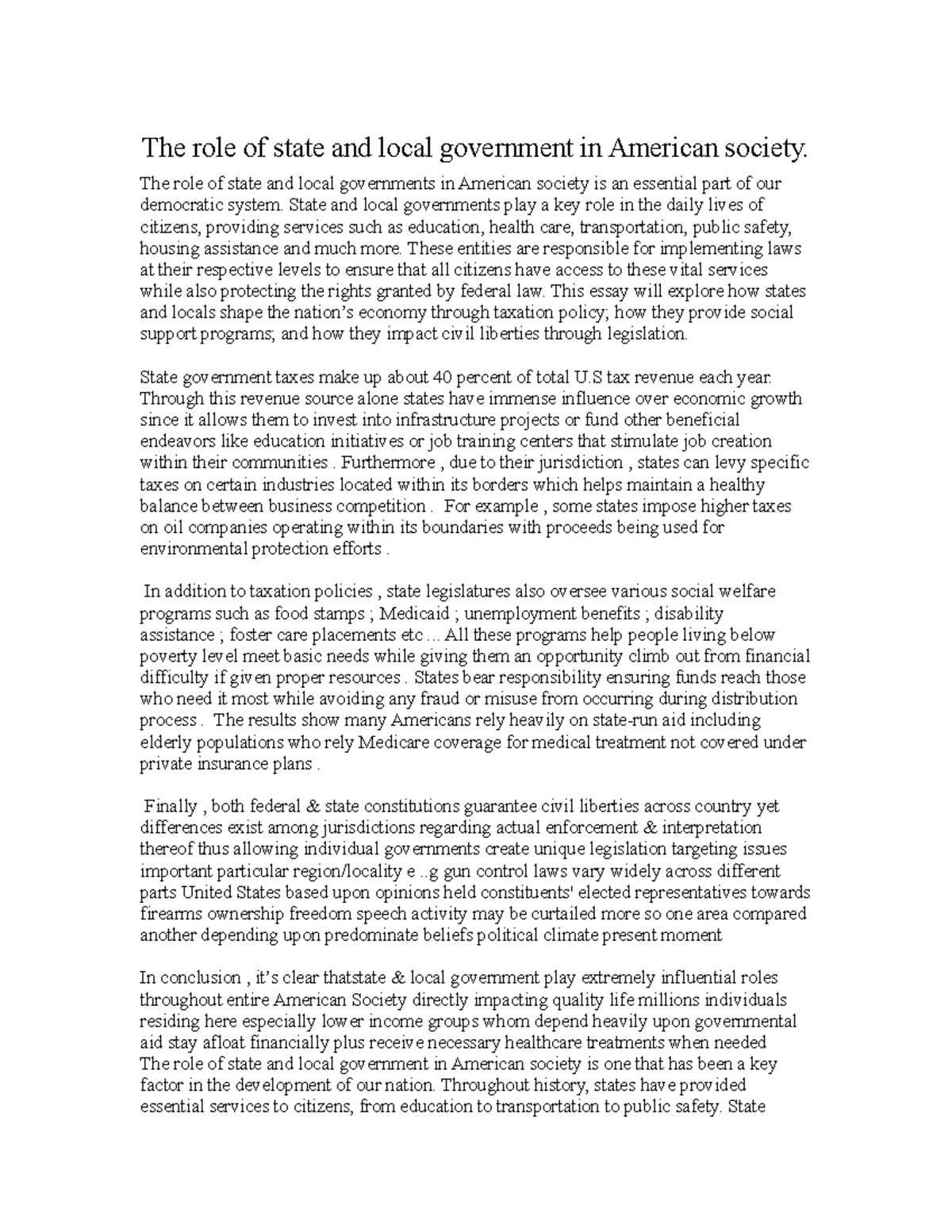 The role of state - The role of state and local governments in American ...