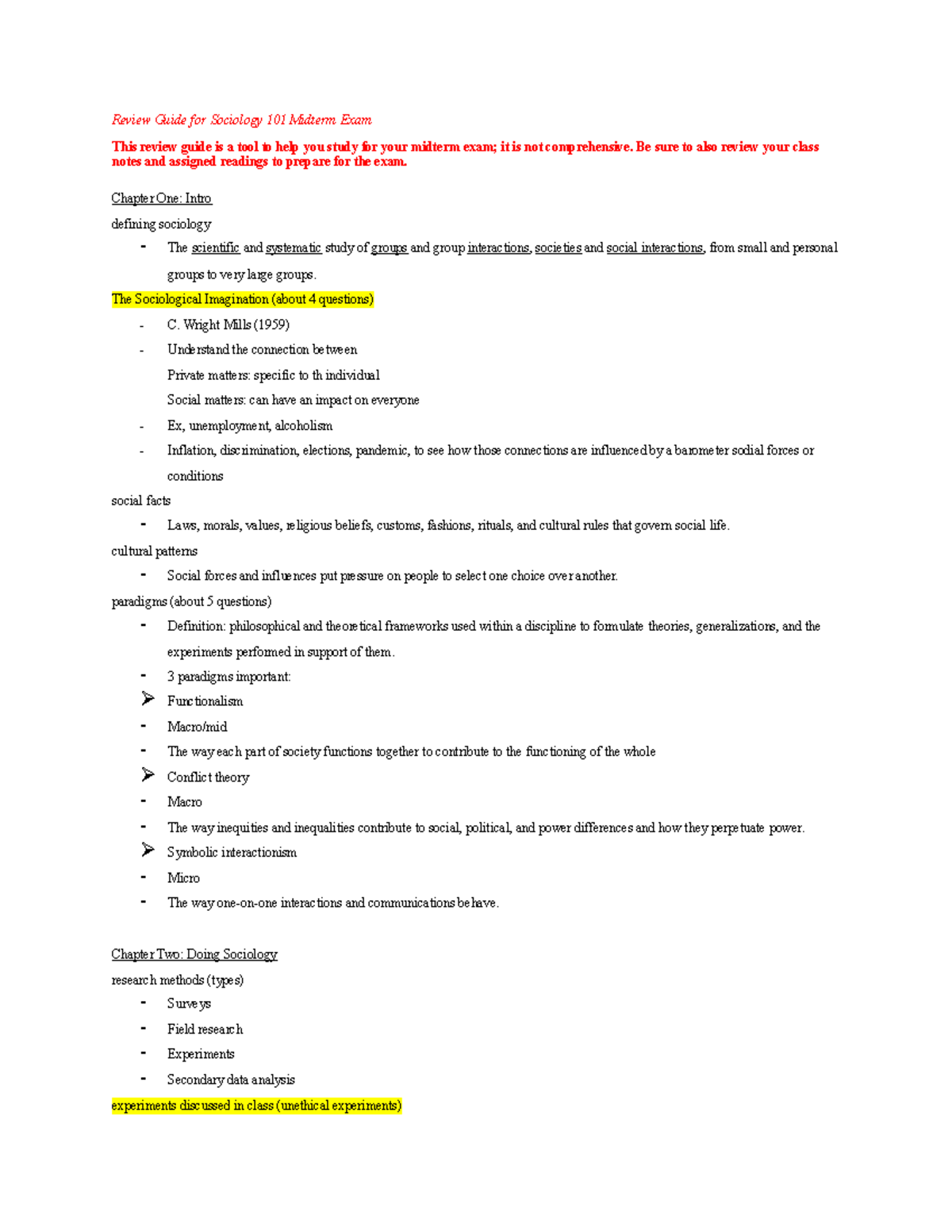 Midterm Study Guide - Review Guide for Sociology 101 Midterm Exam This ...