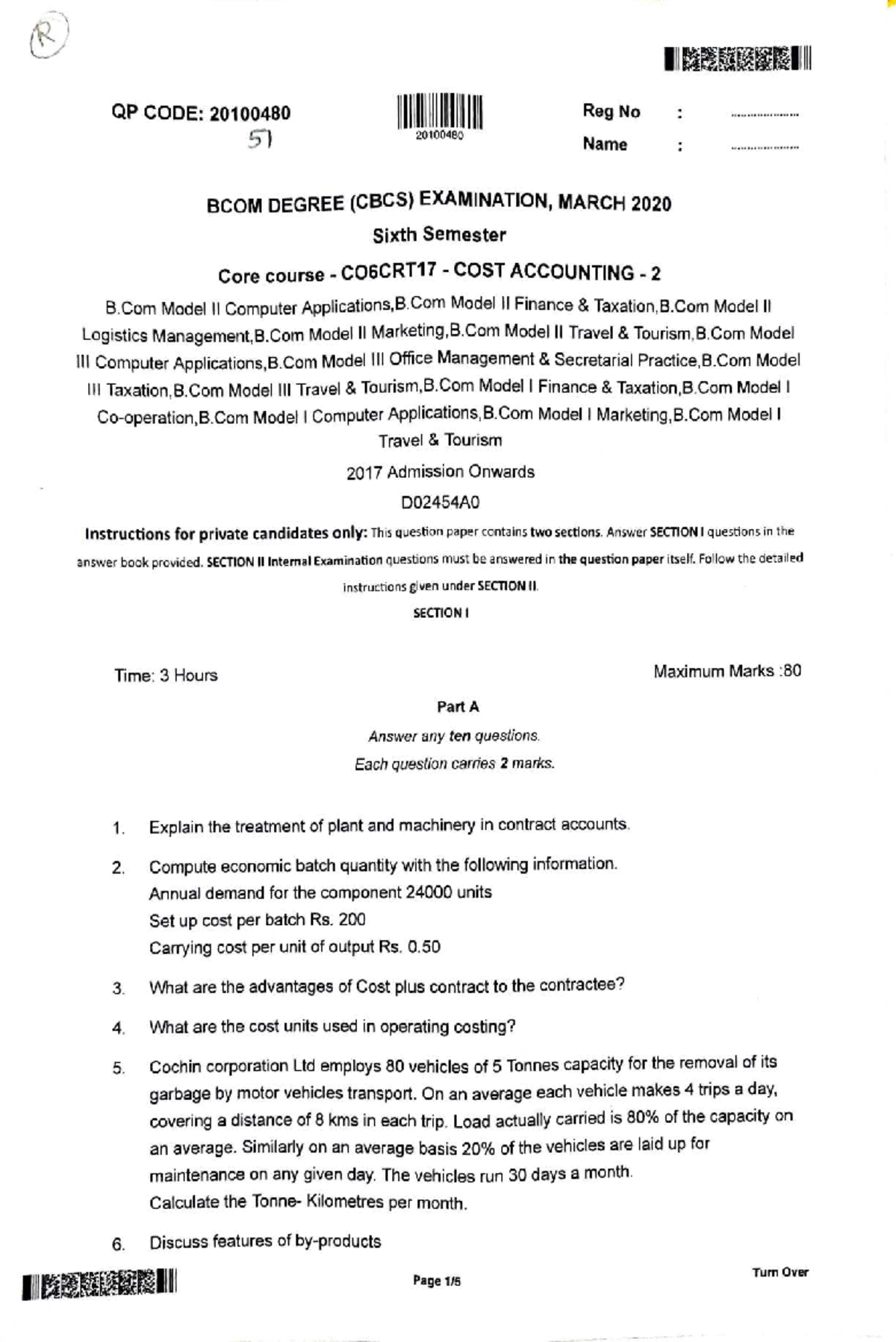 BCOM 6th Sem CO6CRT17 Cost Accounting Exam QP - March 2020 - Studocu