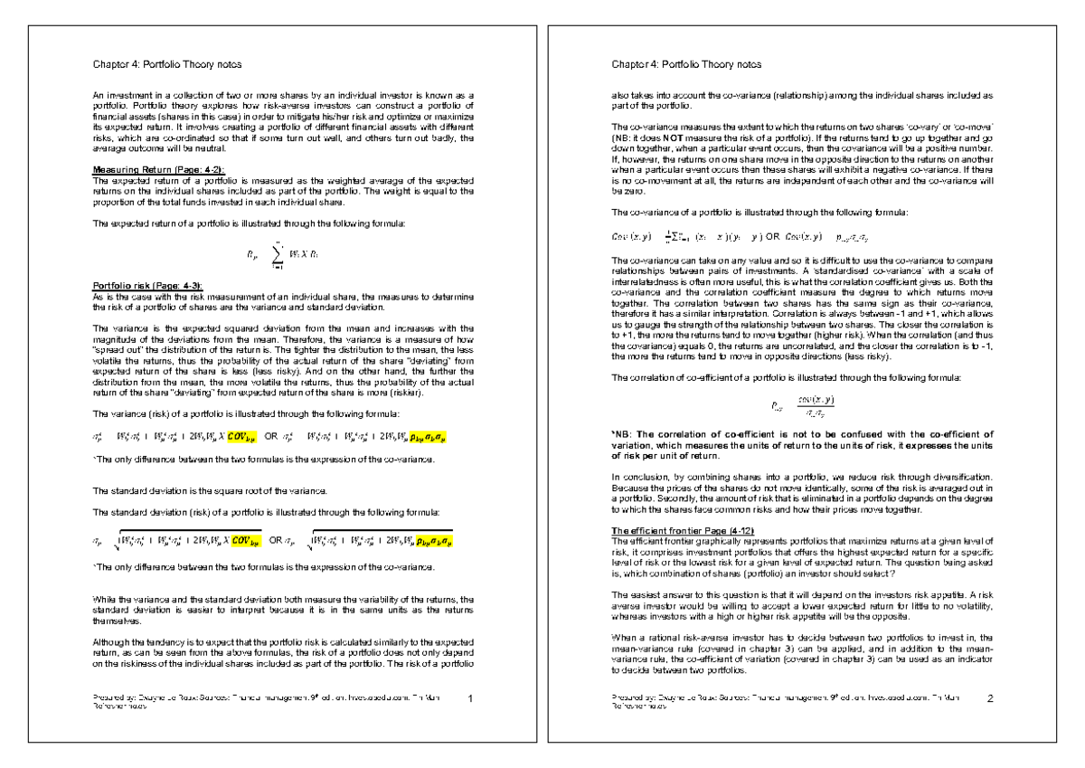 Portfolio Management Notes: Chapter 4 - Portfolio Theory Insights - Studocu