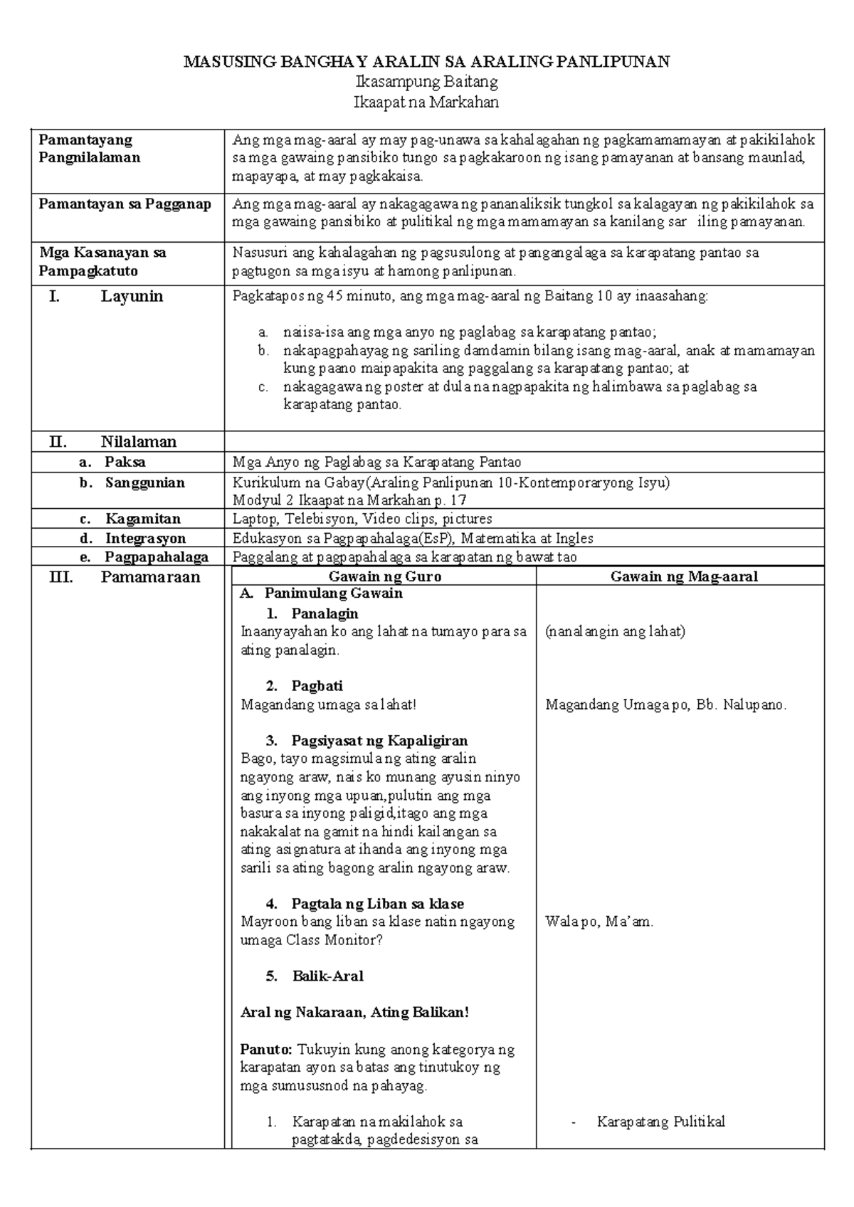 LP-Paglabag sa KP - LESSON PLAN - A. Panimulang Gawain MASUSING BANGHAY ...