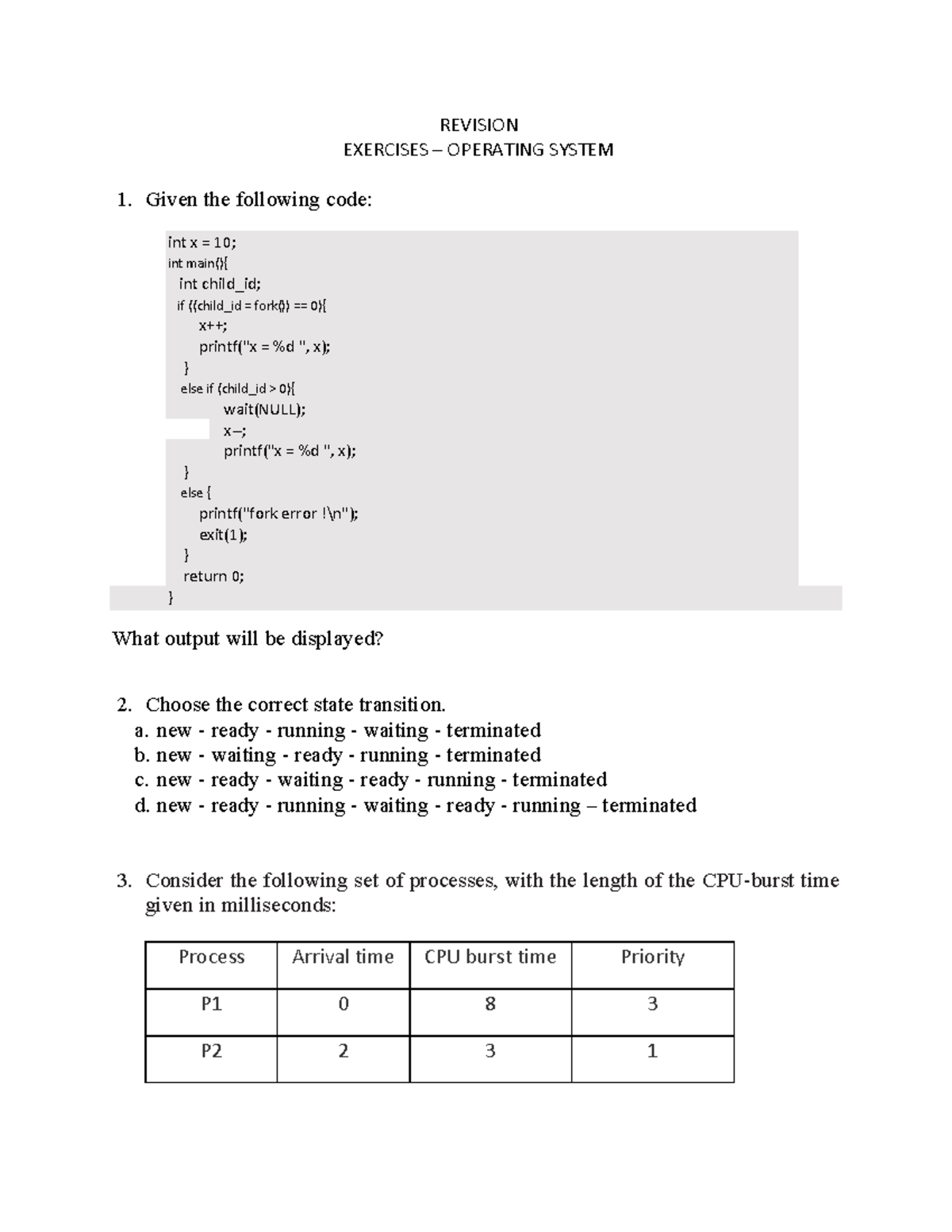 Revision Exercises for Operating Systems (OS 1) - Key Concepts ...