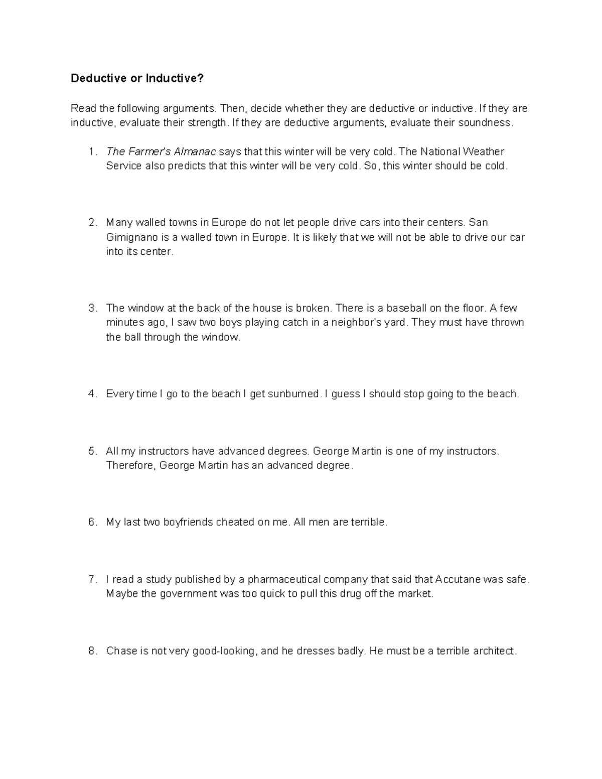 Inductive Deductive Reasoning Exercise: Evaluating Arguments - Studocu