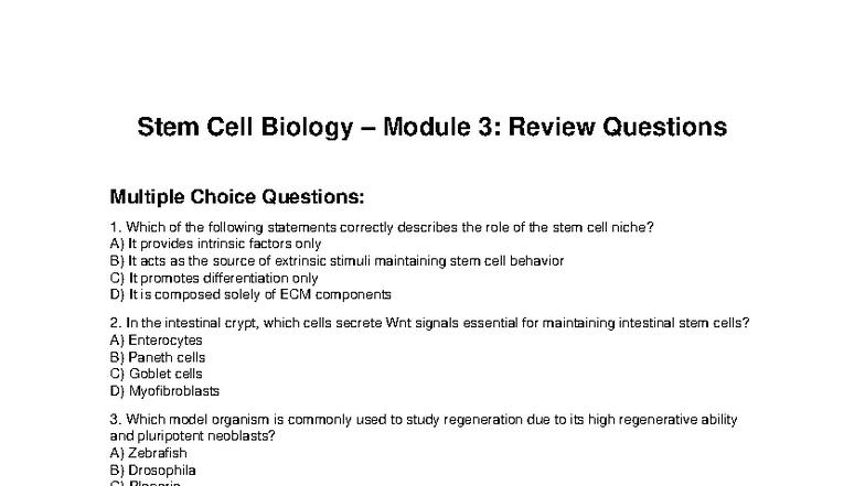 Stem Cell Biology (BIO 301): Final Exam Prep Questions - Studocu