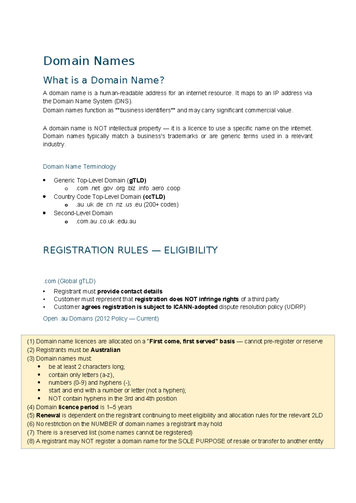 Domain Names - Comprehensive Study Notes on Registration & Law - Studocu