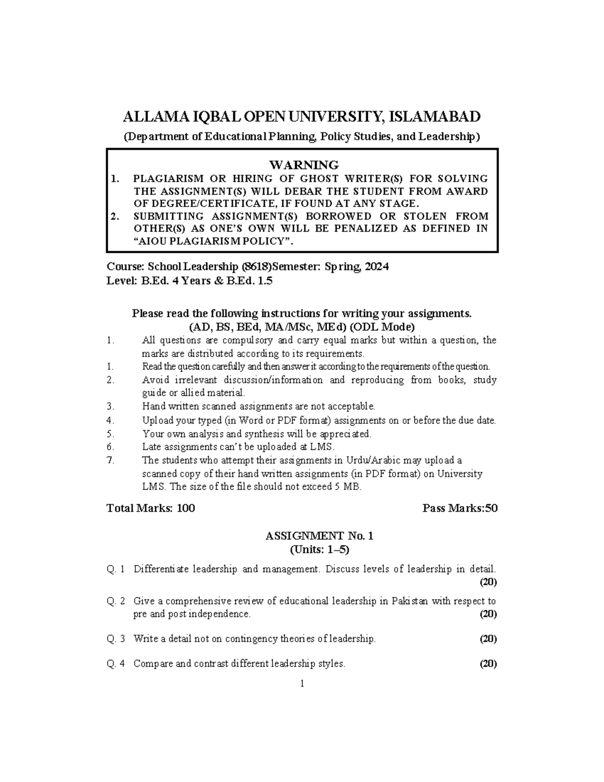 8618 - Spring 2024 School Leadership Assignment Question Paper - Studocu