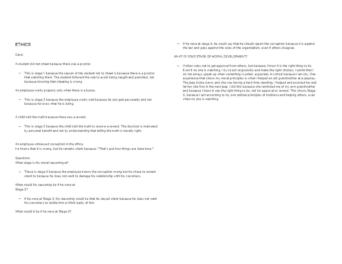 ETHICS Case Study: Stages of Moral Development Analysis - Studocu