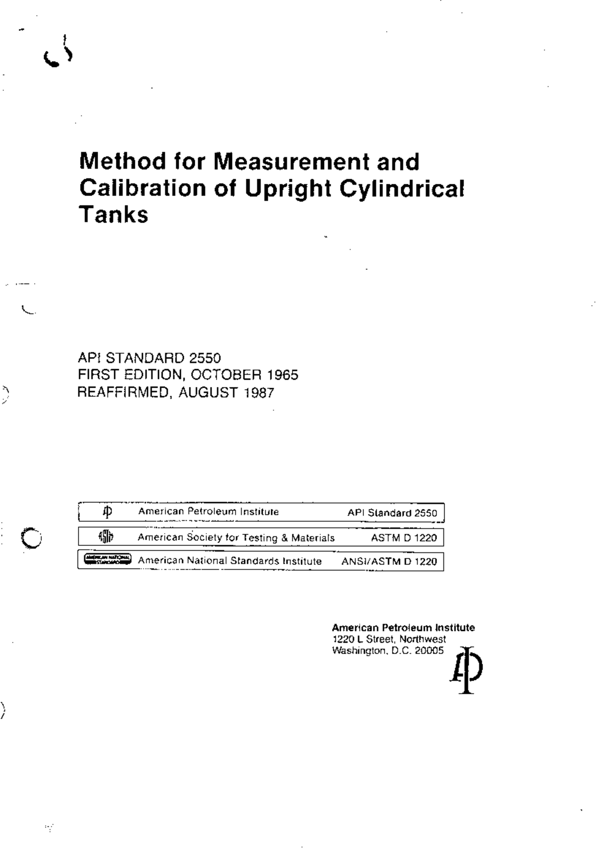 Measurement and Calibration of Upright Cylindrical Tanks (API 2550 ...