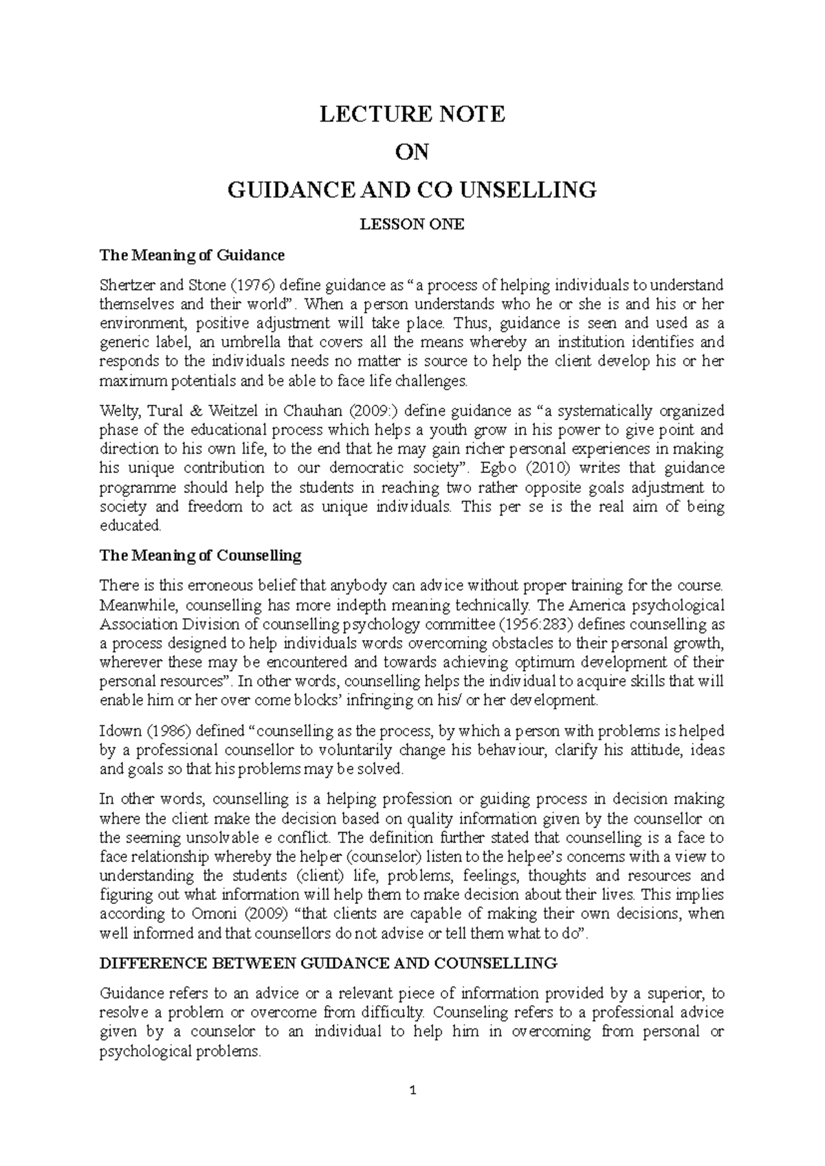 LECTURE NOTE ON GUIDANCE AND COUNSELLING (GCE 101) - Studocu