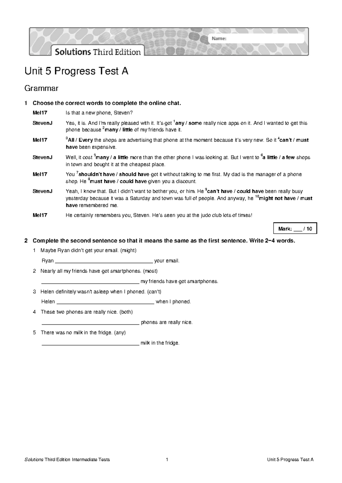 Unit 5 Progress Test A - Grammar, Vocabulary, Listening & Reading - Studocu