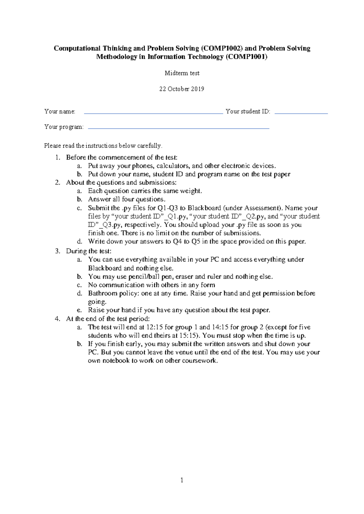 Test 17 October 2019, questions - Computational Thinking and Problem ...
