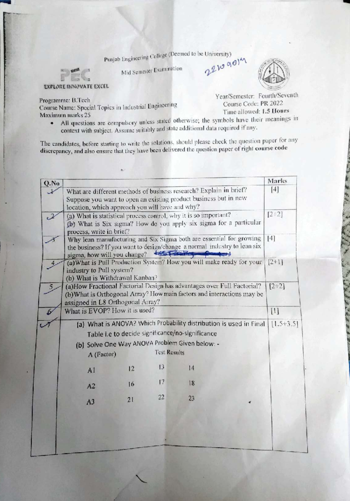 PEC B.Tech 7th Sem Optimization Techniques Exam Questions (PR 2020 ...