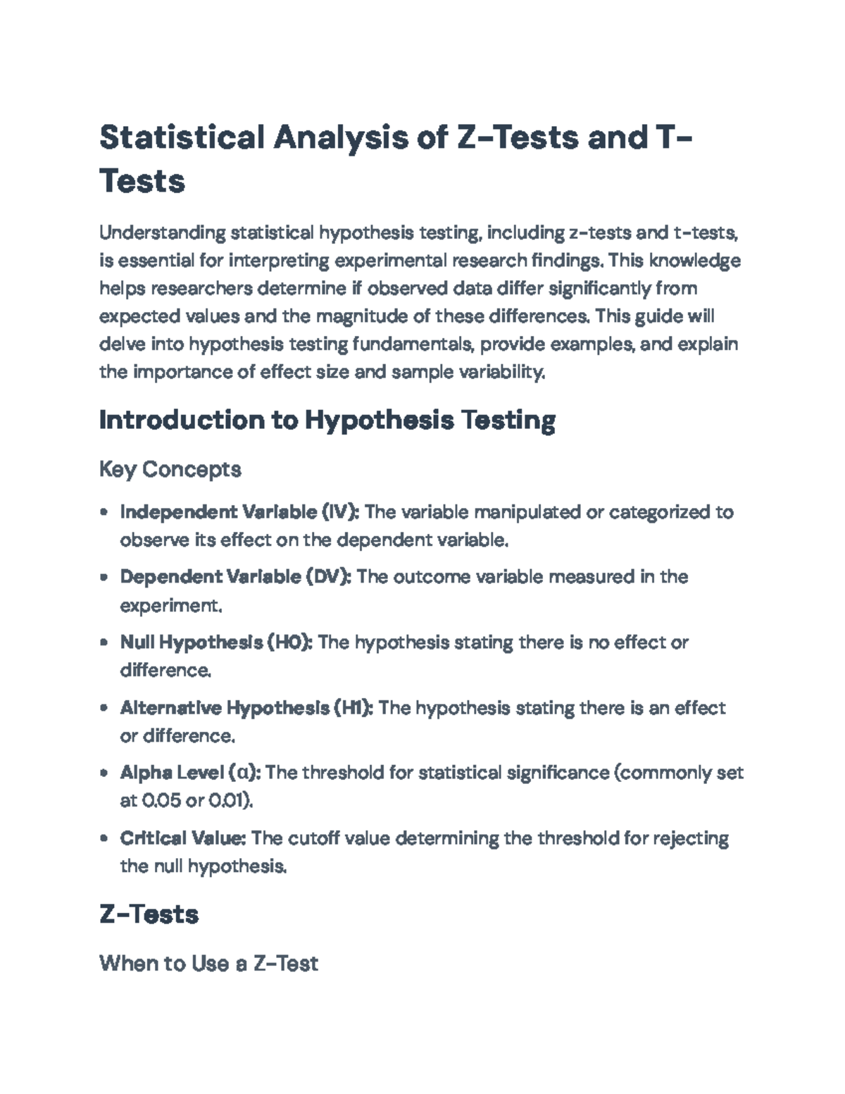 Statistical Hypothesis Testing: Z-Tests and T-Tests Guide - Statistical ...