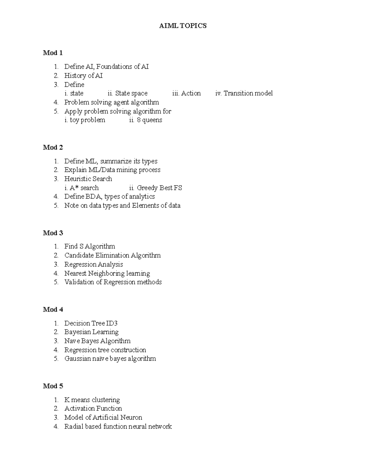 AIML Course Topics Overview: Key Concepts and Algorithms - Studocu