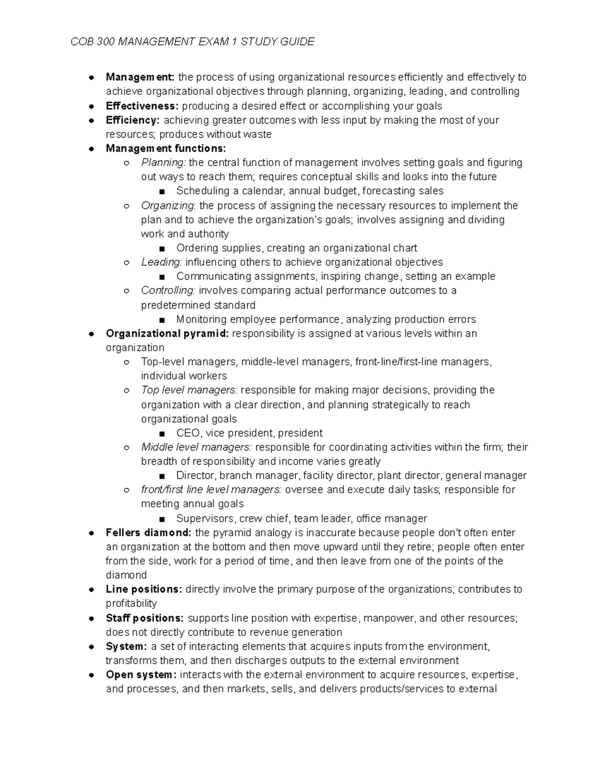 COB 300 Management Midterm Exam 1 Study Guide and Key Concepts - Studocu