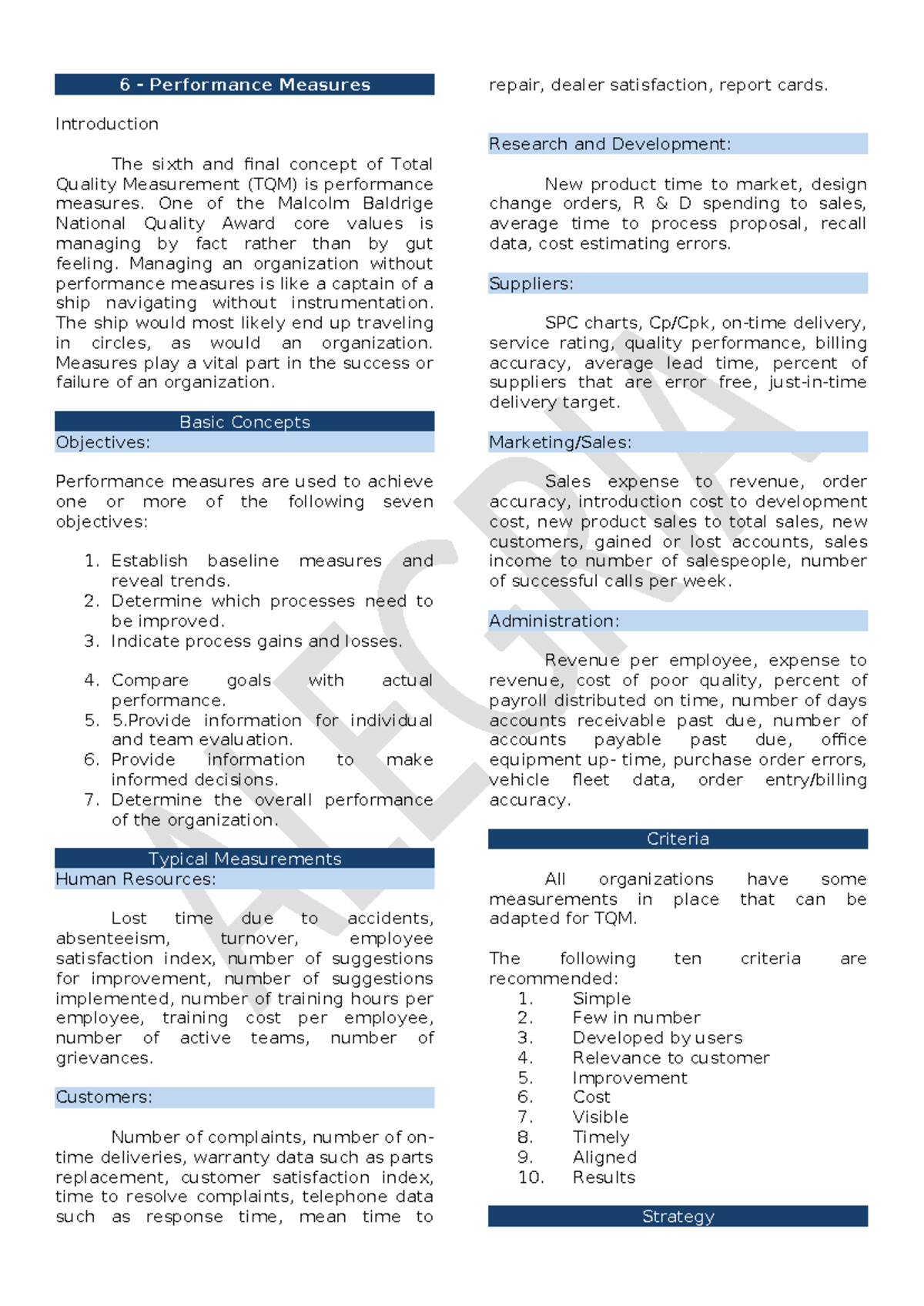Hawak MO ANG TQM 6 Performance Measures - Final Exam Notes - Studocu