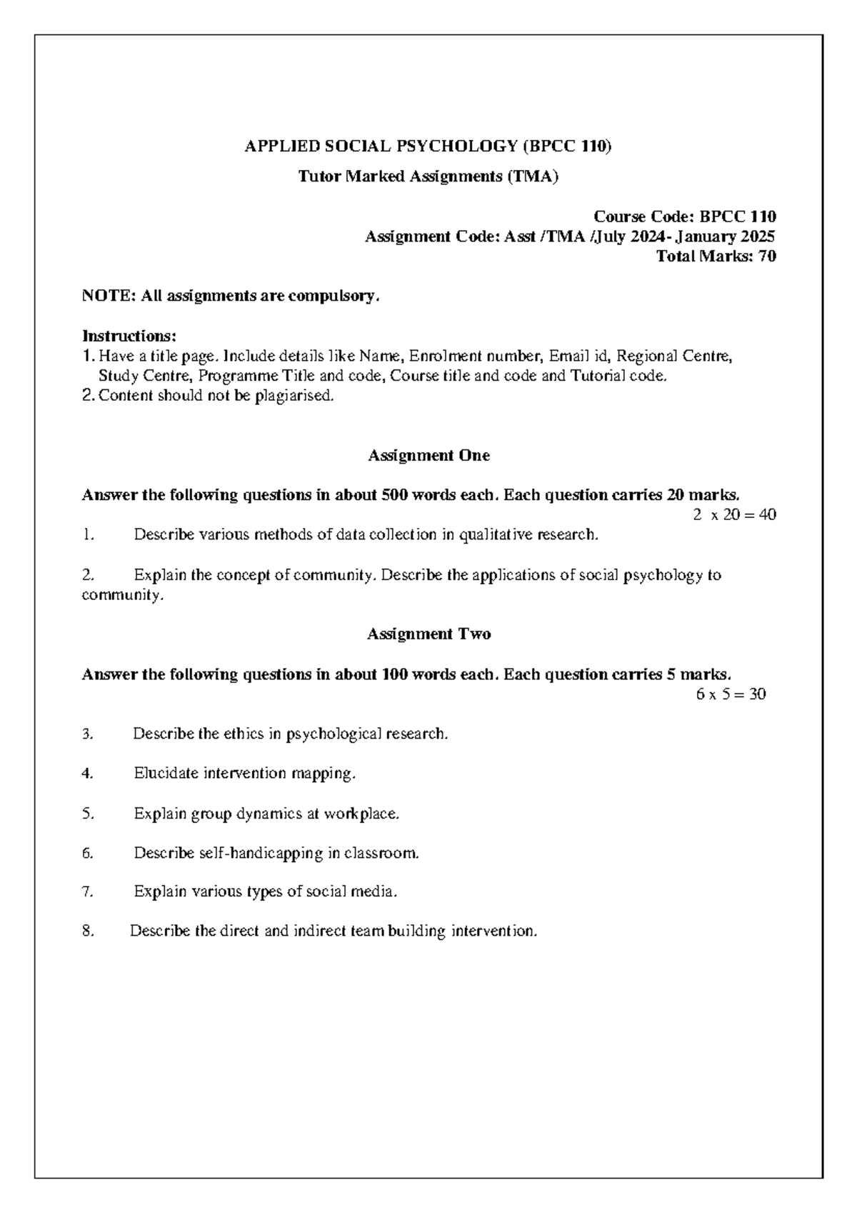 BPCC 110 - Applied Social Psychology TMA Assignments Overview 2025 ...
