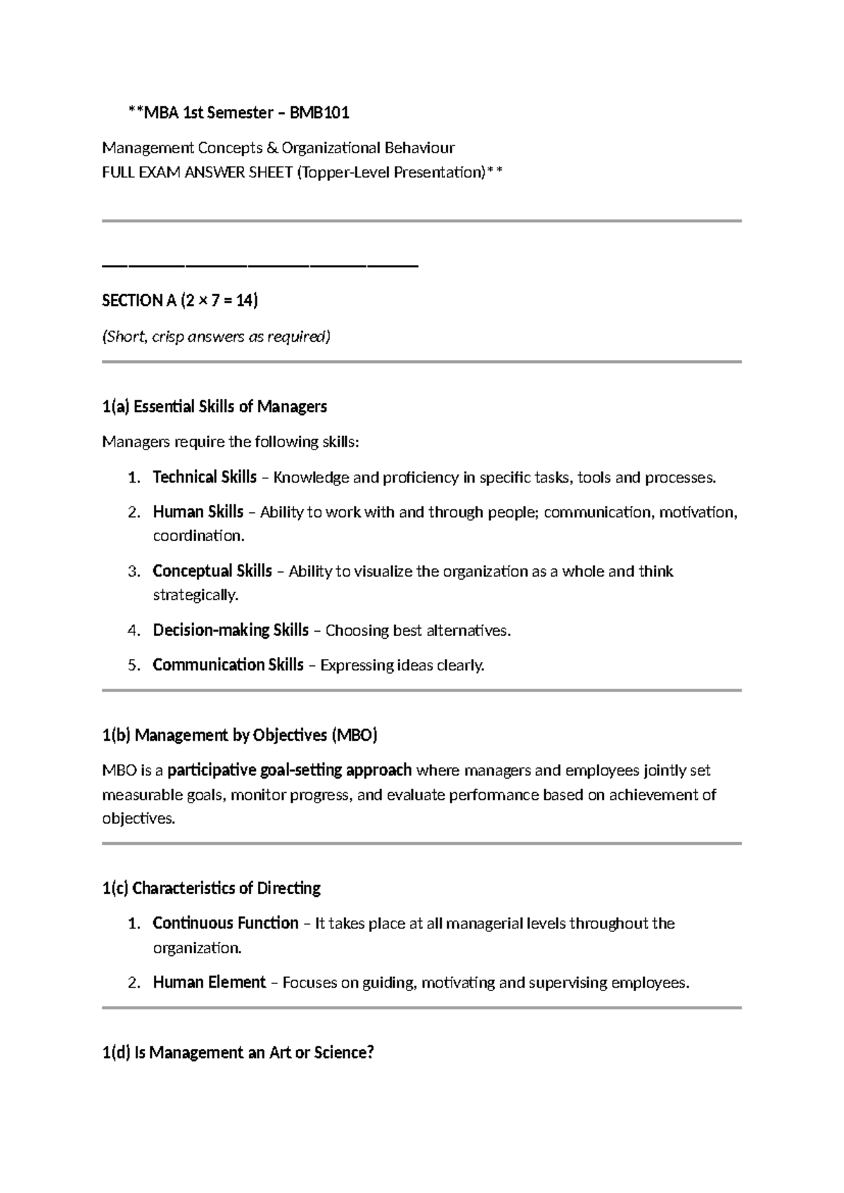 MBA 1st Sem BMB101 Management Concepts Organizational Behaviour Exam ...