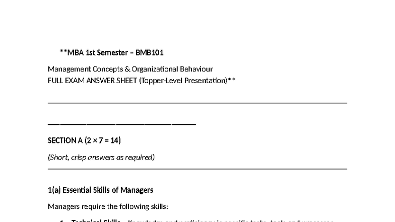 MBA 1st Sem BMB101 Management Concepts Organizational Behaviour Exam ...