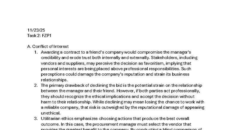 FZP1 - Task 2 - Conflict of Interest and Ethical Considerations - Studocu