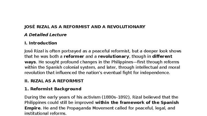 JOSÉ RIZAL: REFORMIST AND REVOLUTIONARY - A DETAILED LECTURE - Studocu