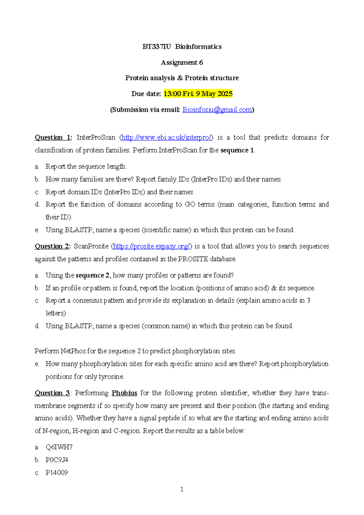 BT 337 IU Bioinformatics - Assignment 6: Protein Analysis & Structure ...