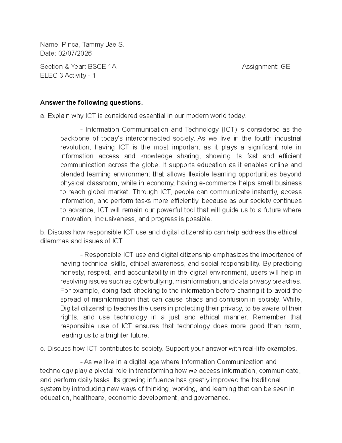 GE ELEC 3 Activity 1: The Role of ICT in Modern Society - Studocu