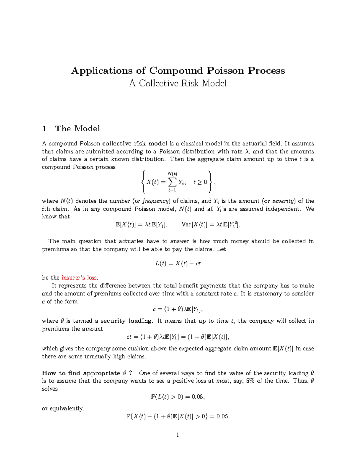 Project 3: Applications of Compound Poisson Process in Collective Risk ...
