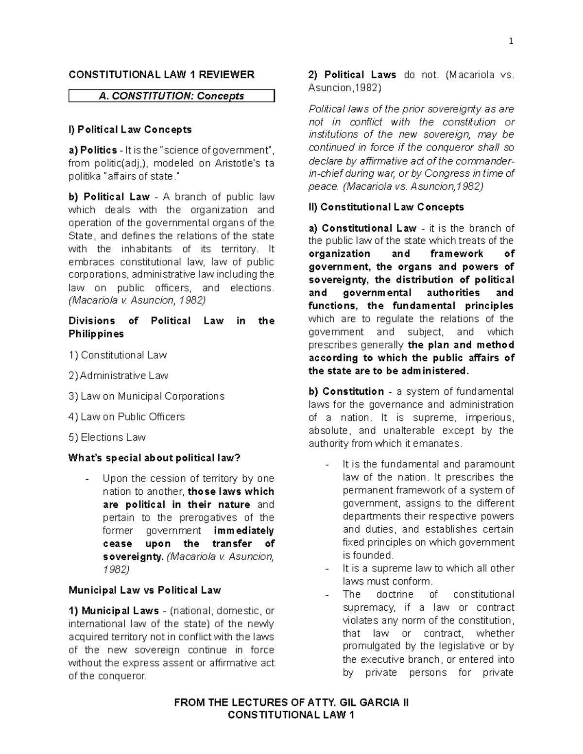 CONSTITUTIONAL LAW 1: FIRST EXAM REVIEWER & KEY CASES - Studocu