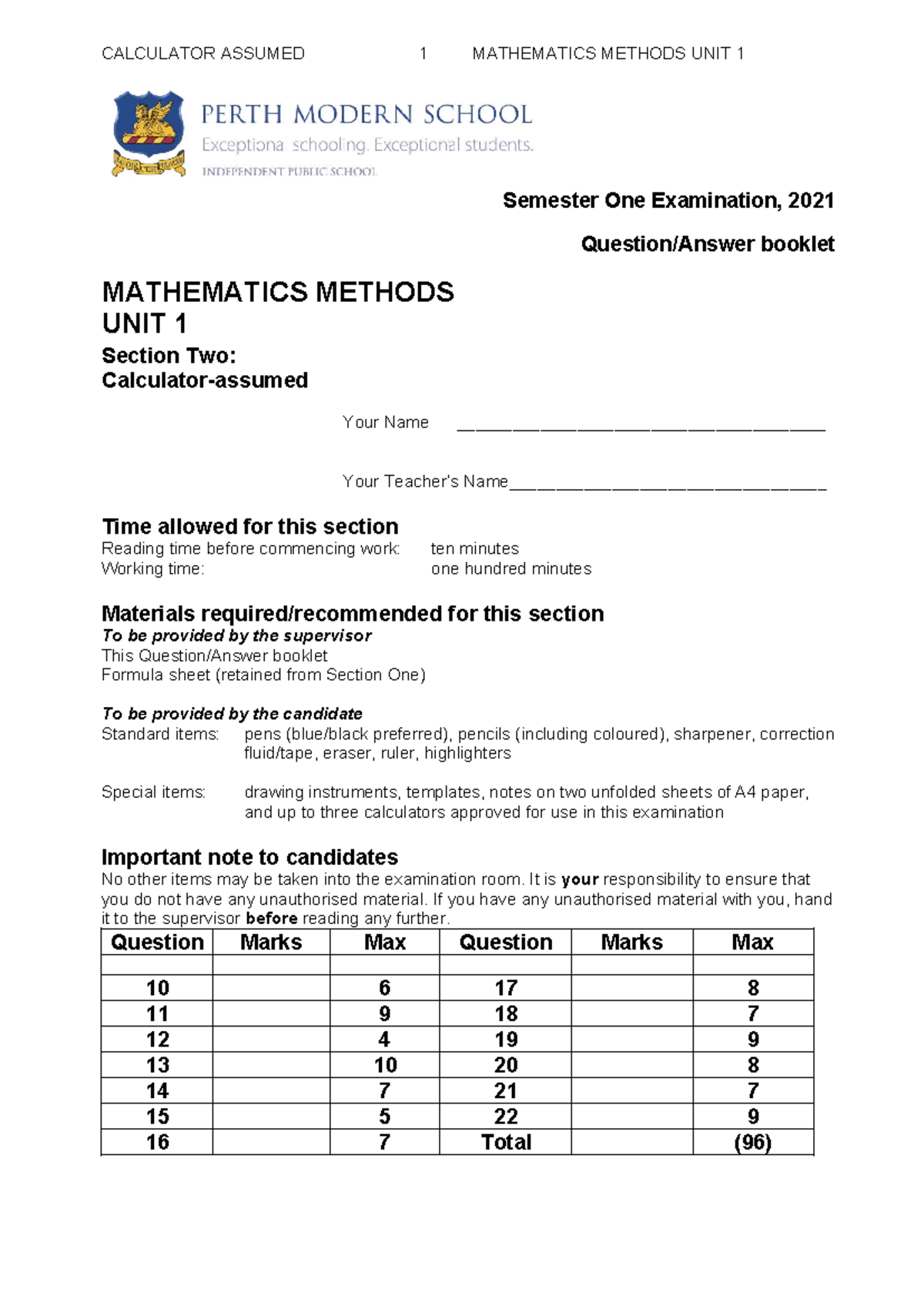 2021 Year 11 Mathematics Methods Unit 1 Semester 1 Exam Booklet - Studocu