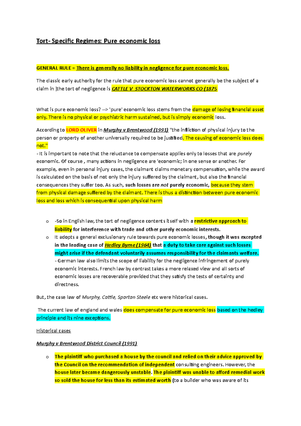 Tort 9 - Specific Liability: Understanding Pure Economic Loss - Studocu
